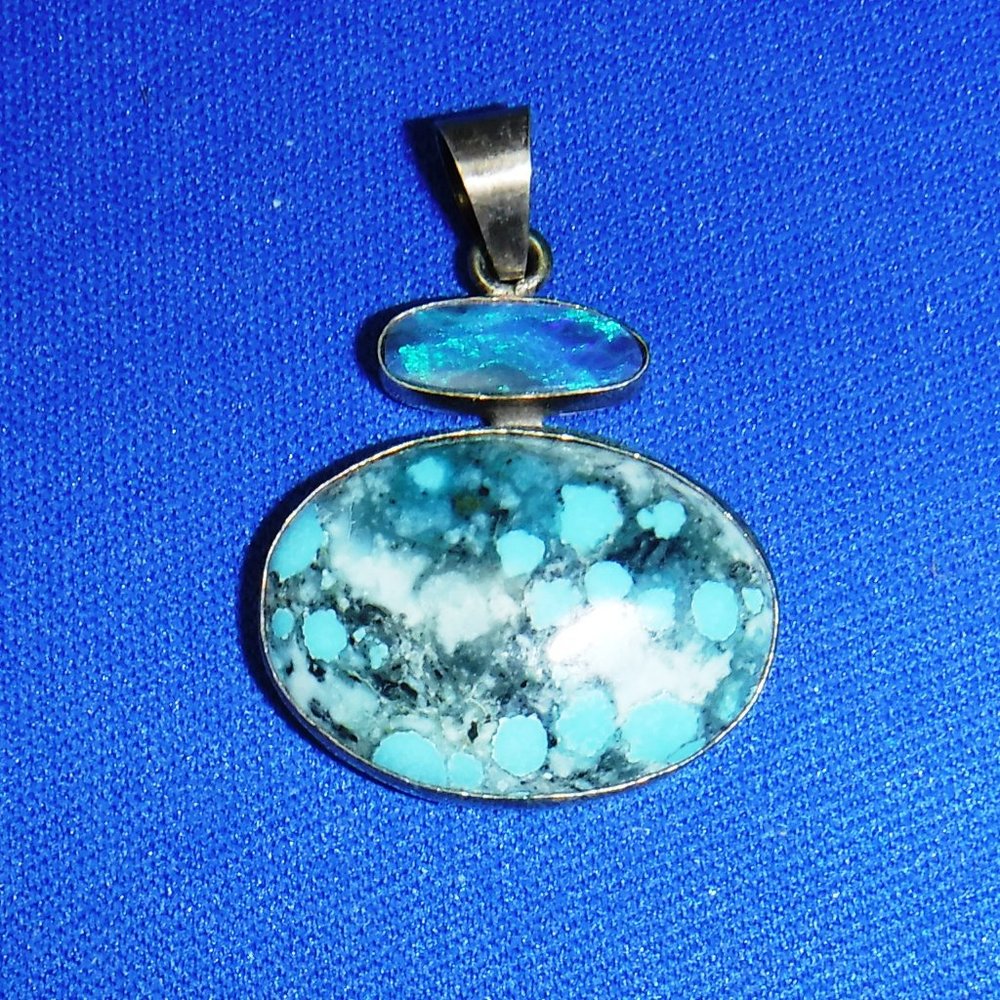 Pendant, Sterling Silver, Turquoise, Opal